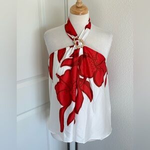 White House Black Market Floral Halter Blouse Top Size Large Satin Colorful NWT